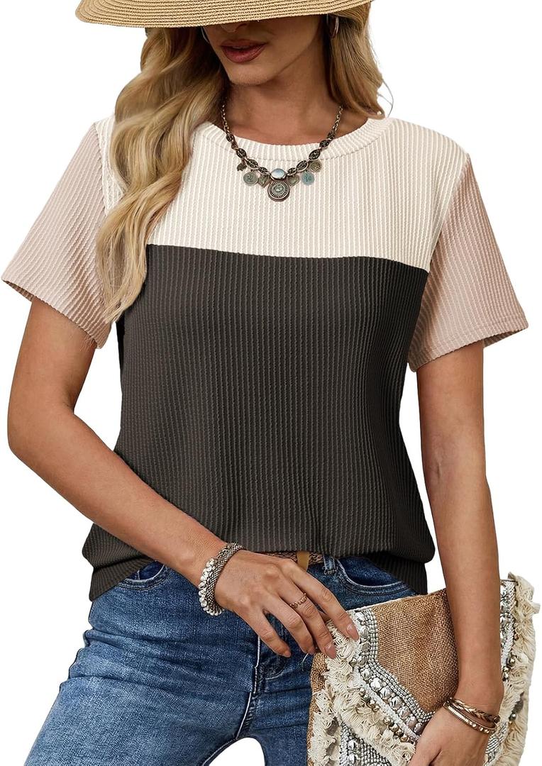 Dokotoo Womens Tops 2026 Colorblock Round Neck Short Sleeve t Shirt Spring Sweatshirts Business Casual Loose Ladies Shirts Summer Outfits for Women Trendy Black Large
