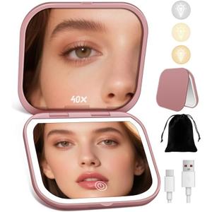 Magnifying Mirror with Light, Rechargeable 40X Compact Mirror with 3 Lighting Modes & Dimmable Brightness, Portable Travel Makeup Mirror with Light, Essentials for Travel, Pocket Purse Rose