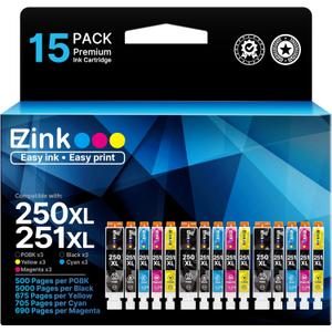 E-Z Ink Compatible Ink Cartridges Replacement for Canon 250 251 XL PGI-250XL CLI-251XL to use with PIXMA MX922 MX920 IX6820 MG5520 MG7520 IP8720 MG6620 MG6320 MG7120 (15 Pack)