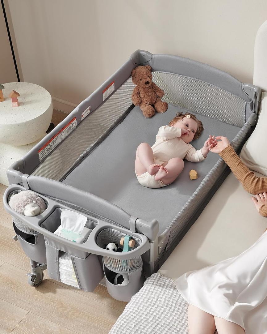 AirClub 4 in 1 Baby Bassinet Bedside Sleeper, 4 Functions Crib, Playard, Portable Changing Table, Bassinet for Newborn Baby, Bedsaide Bed w/Wheels&Brakes (Light Gray)