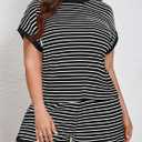 Beautife Womens Plus Size Lounge Set 2 Piece Outfits Stripe Short Sleeve Shirts Tops Shorts Summer Casual Loungewear Black (Black)