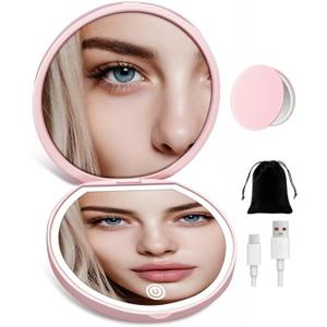 Compact Mirror with Light, Rechargeable 40X Magnifying Mirror with 3 Lighting Modes & Dimmable Brightness, Portable Travel Makeup Mirror; Essentials for Travel, Pocket, Purse Gifts Pink