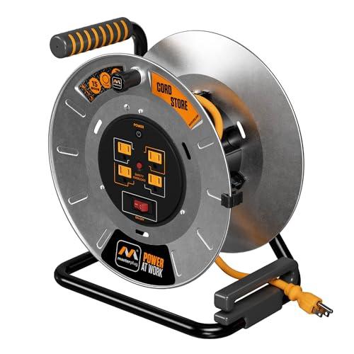Masterplug 1ft Cord Reel, Metal Cable Drum, Retractable Extension Lead with Winding Handle, Safety Overload Circuit Breaker and Power Switch, 4x Grounded Outlets, 15amps, 12AWG Cable