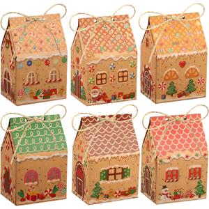 peony man 48 PCS Christmas Gingerbread House Treat Boxes Gingerbread Kraft Paper Gift Box Christmas Candy House Treat Goodie Cookie Boxes for Xmas Holiday Party Favor Supplies Snack Gift Packaging