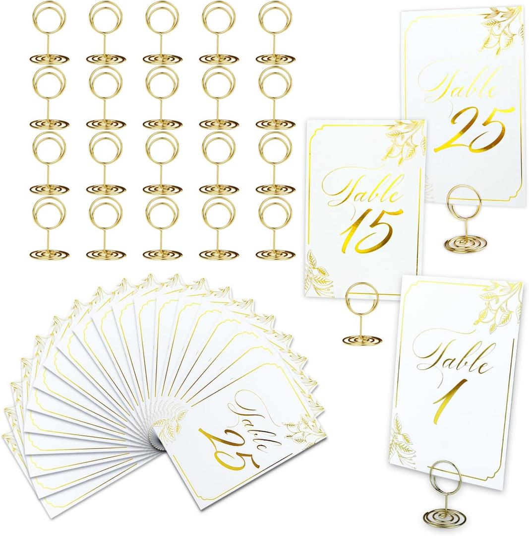 White Gold Wedding Table Numbers 1-25 with Holders - 25 Cards and Holders Set for Reception, Birthday Party