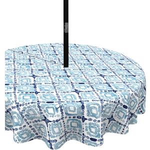 LVTXIII Outdoor/Indoor Round Tablecloth, Patio Stain Resistant Table Covers with Umbrella Hole Picnic Table Cloth with Zipper for Patio Garden Buffet Table Decoration, 60", Round, Boho Geometry Blue