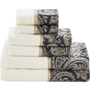 Madison Park Aubrey 100% Cotton Luxurious Bath Towel Set Highly Absorbent, Quick Dry, Jacquard Paisley Design, Hotel & Spa Quality for Bathroom Decor, Multi-Sizes, Black 6 Piece