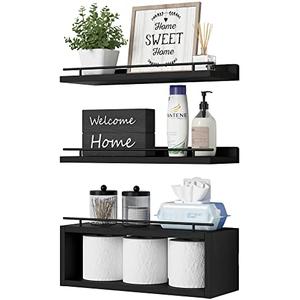 WOPITUES Floating Shelves for Wall with Cube Shelf, Wall Shelves with Metal Rail for Bathroom Decor, Bathroom Organizers and Storage, Over Toilet Shelves for Toilet Paper-Black