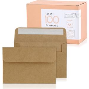 Sweetzer & Orange A4 Brown Self Seal Envelopes, 100 Pack, 4x6 Inches (4.25 x 6.25 in.), Kraft 150gsm, Blank Envelopes for Invitations, Wedding, and Mailing