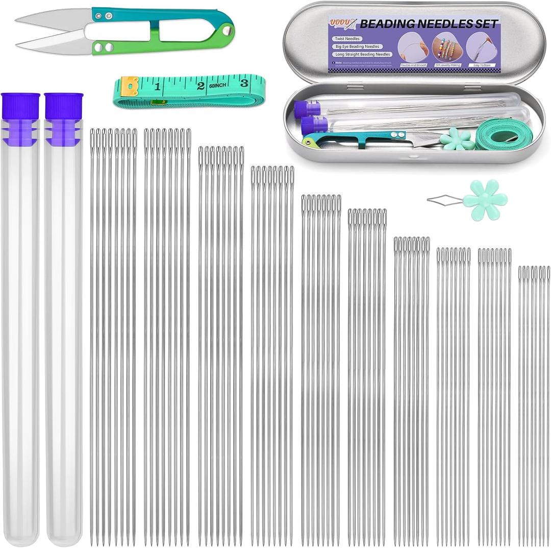 UOOU 102 Pcs Beading Needles, Beading Needles for Seed Beads, Size 10-12 Extra Straight Fine Seed Beads Needles for Embroidery Jewelry Making