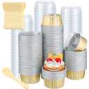 Hushee 300 Set Aluminum Foil Baking Cups with Lids and Spoons 5oz Disposable Ramekins Dessert Muffin Creme Brulee Cupcake Liners Containers for Wedding Birthday Party(Round,Gold)