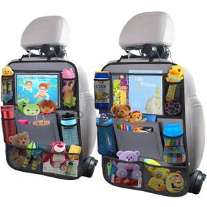 ULEEKA Car Backseat Organizer with 11" Table Holder, 10 Storage Pockets Seat Back Protectors Kick Mats for Kids Toddlers, Travel Accessories, 2 Pack, Gray
