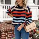 2 x KIRUNDO Women's 2025 Fall Winter Striped Color Block Short Sweater Long Sleeve Crew Neck Casual Loose Knit Pullover Tops (Blue, XL)