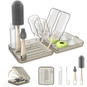 Travel Bottle Brush, Travel Bottle Cleaner Kit with Bottle Drying Rack, Transparent Coffee