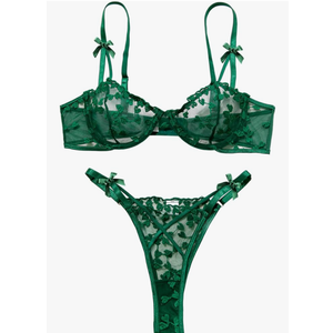 Lilosy Sexy Underwire Cute Push Up Strappy Embroidered Mesh Sheer Lingerie Set See Through Panty Bra, XL