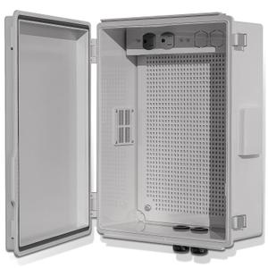 Waterproof ABS Enclosure Cabinet Junction Box, Ventilated Design, Indoor/Outdoor Use, with Mounting Panel, High Power Outlets. (Grey Cover, 15"x11"x5.1")