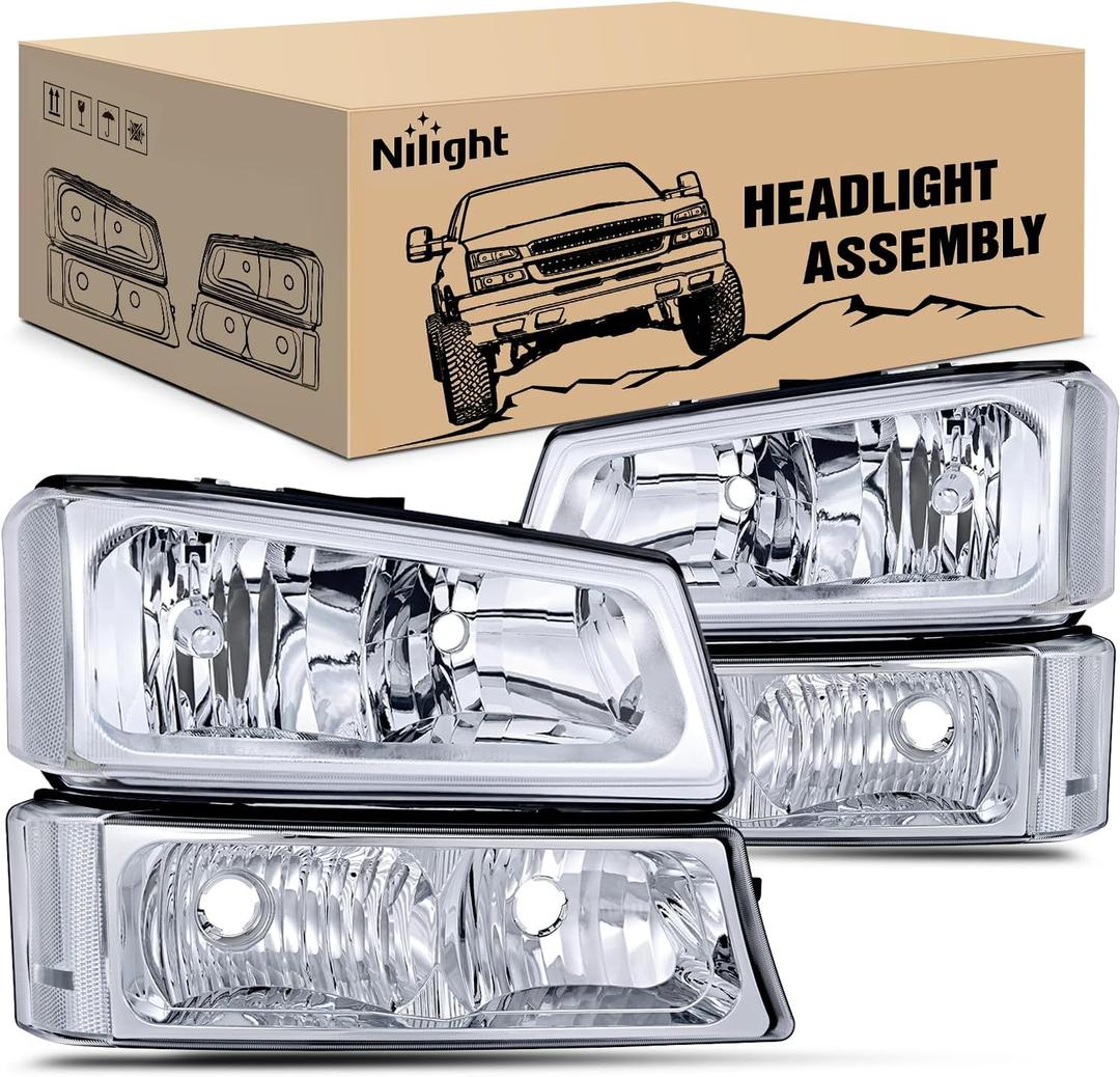 Nilight Headlight Assembly for 2003 2004 2005 2006 Chevy Silverado Avalanche 1500 1500HD 2500 2500HD 3500 Chevrolet Pickup Replacement Headlamp Housing Bumper Lamp Set (Chrome Housing + Clear Reflector)