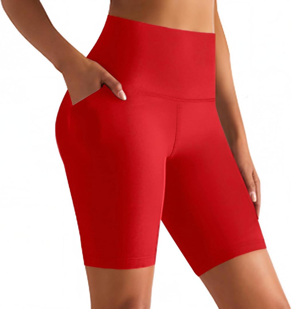 8'' Biker Shorts Women with Pockets - High Waisted Tummy Control Yoga Workout Running Gym Spandex Shorts, Red, Medium