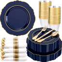 350PCS Navy Blue Plastic Patriotic Plates-Disposable Blue Gold Plates 50guest Plastic Dinnerware include 100Plates,50Pack Pre Rolled Napkins with Silverware 50Cups for Party/Wedding/Halloween