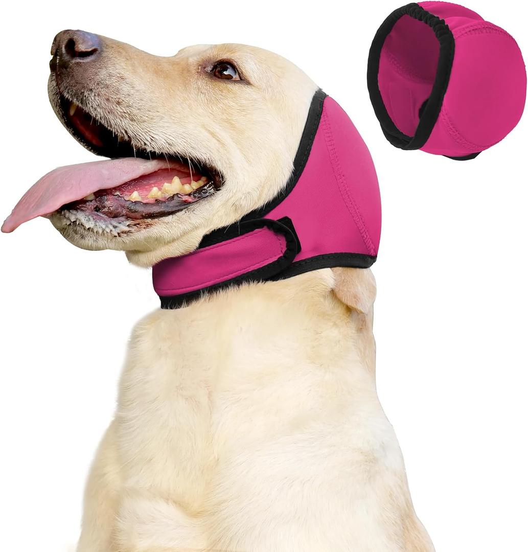 JOHNBOLIN Dog Ear Muffs & No Shake Ear Wrap for Hematoma, Bathing, Drying, Swim& Noise Anxiety Relief- Elastic Waterproof Ear Protector with Calming Hoodie Design for Grooming/Head Ear Cover (Pink, M)
