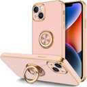 Hython for iPhone 14 Plus Case with Ring Stand [360 Rotatable Ring Holder Magnetic Kickstand] [Support Car Mount] Plated Gold Edge Soft TPU Luxury Shockproof Protective Phone Case Cover, Pink