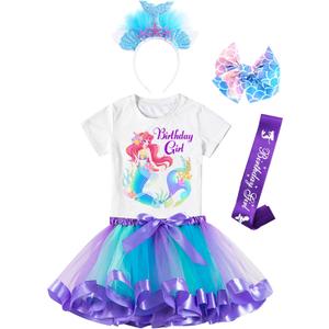 Doctor Unicorn Birthday Girls Mermaid Outfit Set Costume Tutu Skirt Dress, Mermaid Birthday Shirt, Headband & Satin Sash (6-7 Years, White/Blue Tutu-2)