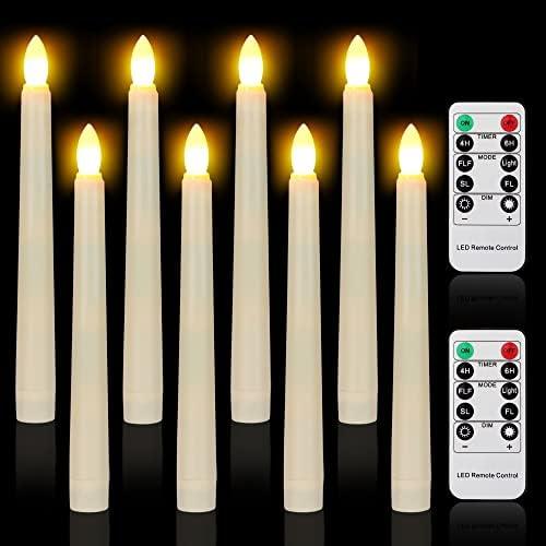 FPOO 7.9 Inch Christmas Flameless Taper LED Window Candles with 2 Remote and Timer, Battery Operated, Warm White Floating Flickering Fake Candles for Home, Holiday, Wedding Decor (Pack of 8, Ivory)