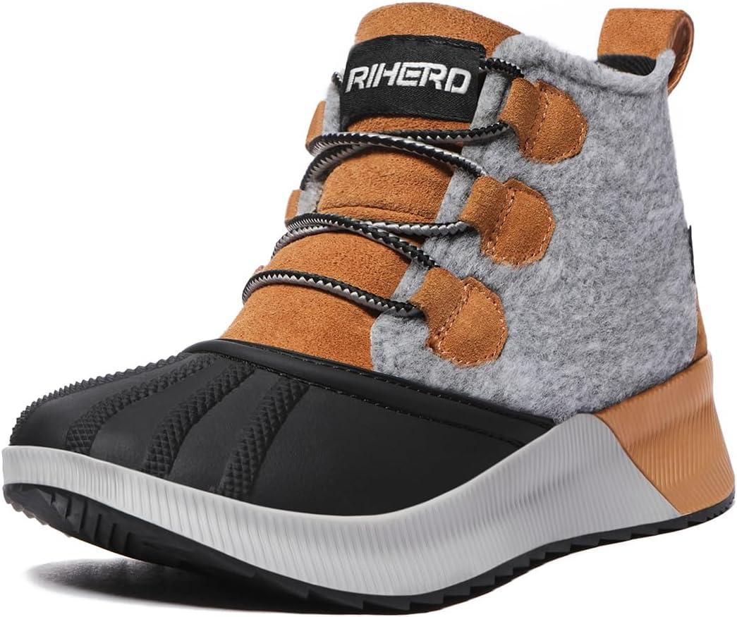 Rihero Women's Classic Waterproof Ankle Boots Fashion Lightweight Leather Suede Hiking Ankle Booties (7.5, Grey Brown)