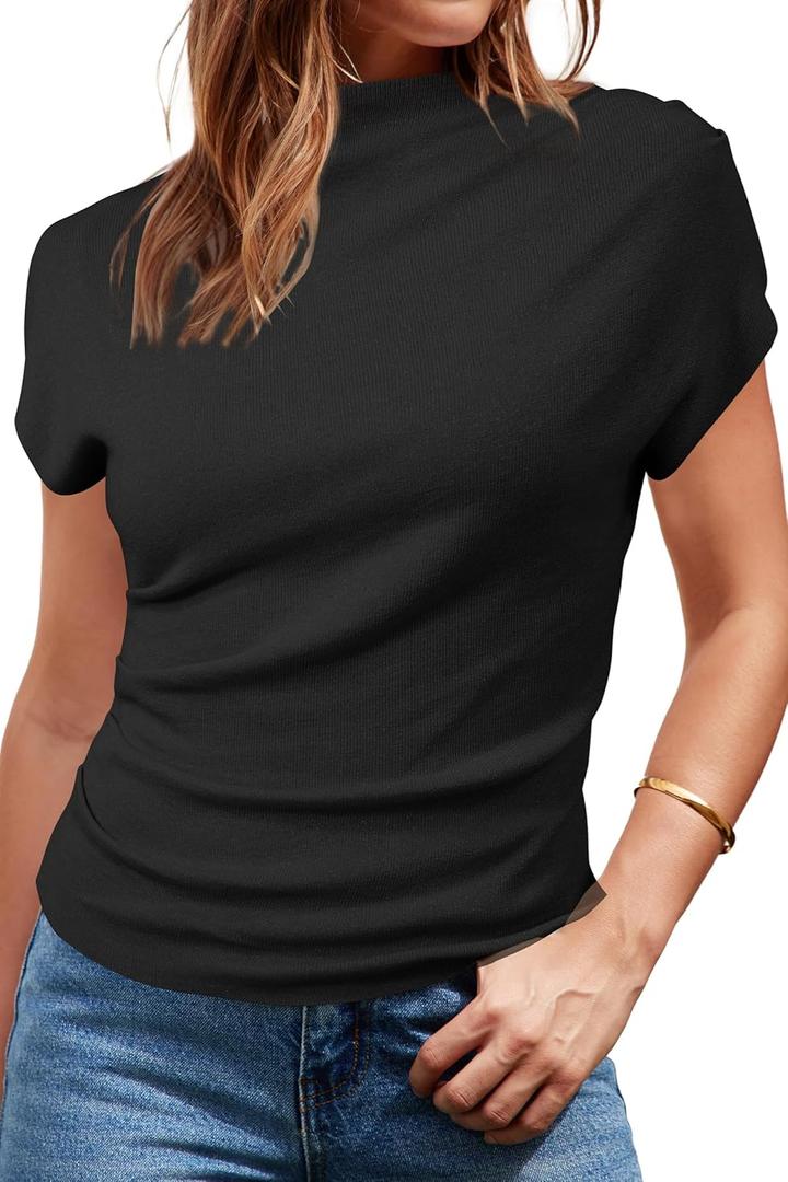 Arach&Cloz Women's Ruched Summer Tops Mock Neck Cap Sleeve Slim Fit Blouses 2026 XL