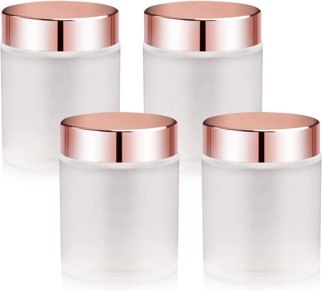 4 Pack,3.4 oz Frosted Glass Jars with Lids,Round Empty Storage Containers with Rose-Golden Lids & Inner Liners,Travel Jars Pot for Cosmetics,Gel,Scrubs,Makeup,Face Cream Lotion