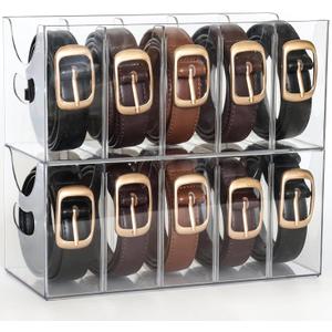 Belt Organizer - 2 Pack Clear Stackable Belt holder For Closet Drawer Storage - 5 Compartments with Removable Dividers, Multi-Purpose Display Bins With Inserts For Ties,Socks, underwear (2)
