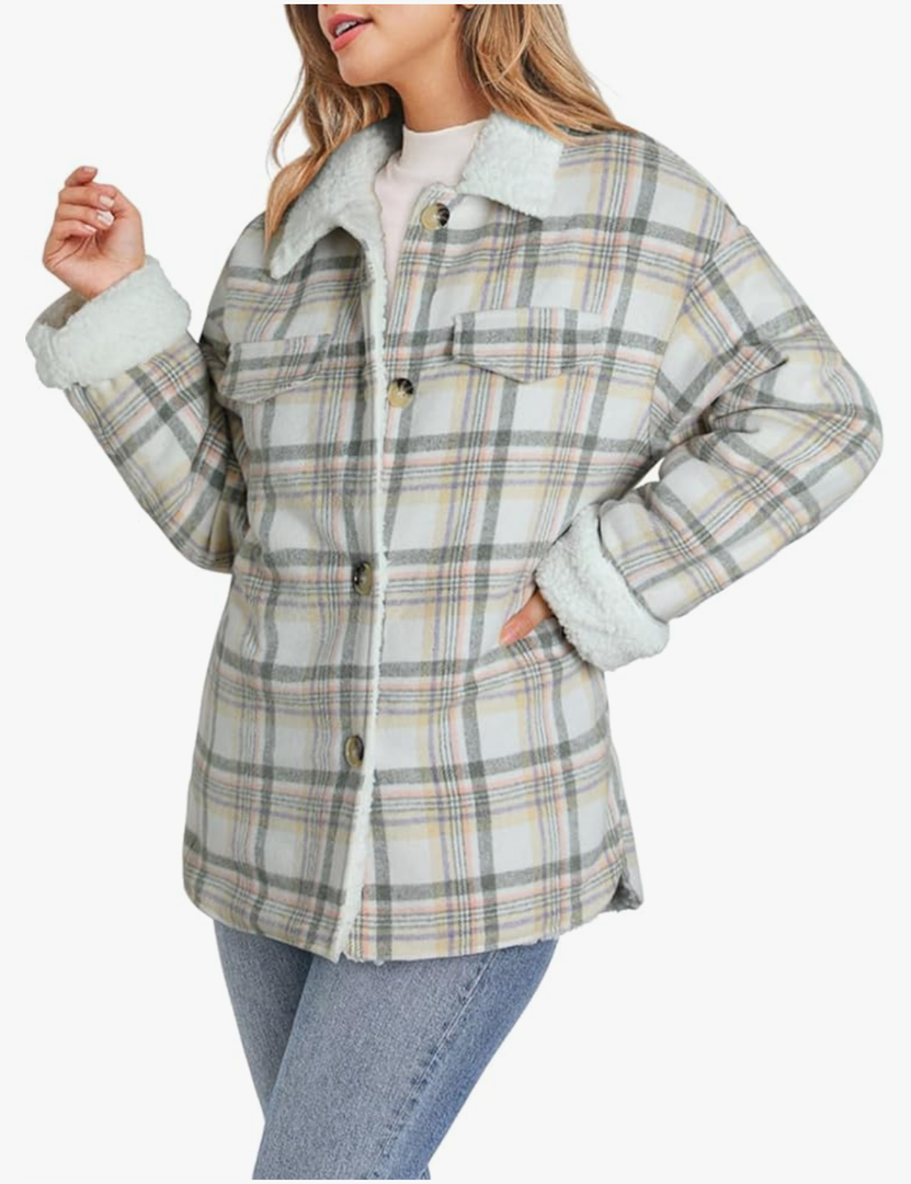 Dokotoo Winter Coats for Women Button Down Plaid Flannel Shirts Warm Sherpa Fleece Jacket Small