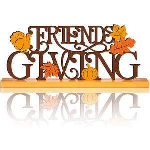 Friends Giving Party Friendsgiving Table Decor Fall Wooden Friendship Gift Fall Thanksgiving Party Centerpiece Metal Word Sign with Wooden Base for Autumn Tabletop Desk Decoration