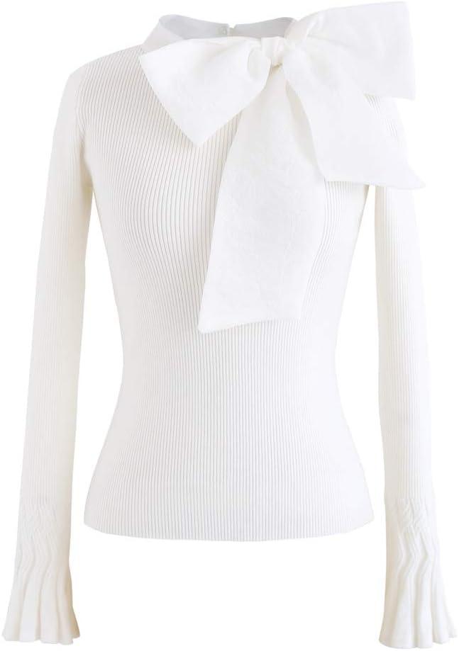 CHICWISH Women Bow Tied Long Sleeve Knit Top Mock Neck Slim Fitted Elegant Blouses Top Solid Wrap Pullover Tops (Large-X-Large, White)