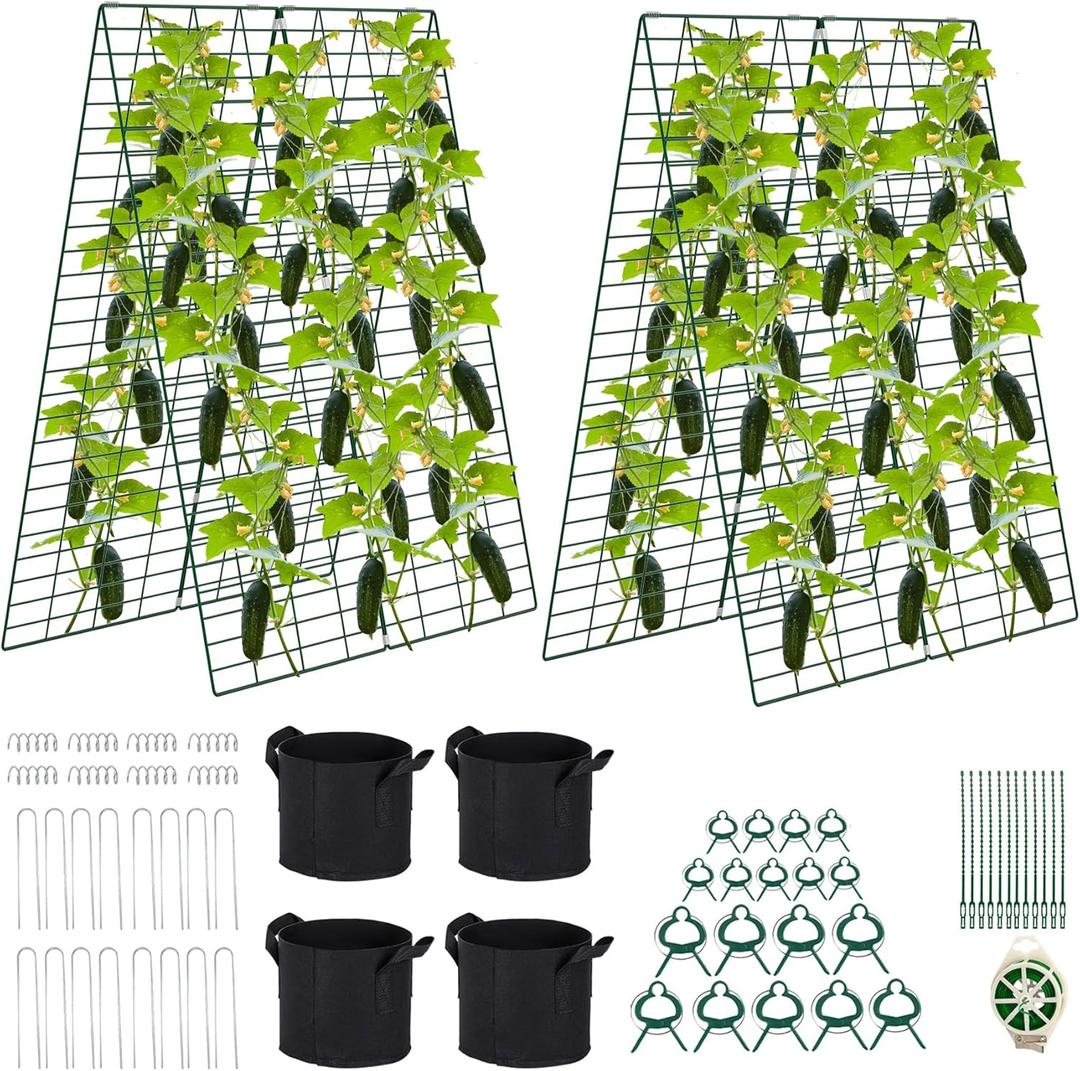 Foldable Cucumber Trellis 2 Pack, 48" L x 34" W A-Frame Trellis, Climbing Plants Support Raised Bed Trellis with Twist Ties & Plant Bags for Outdoor Yards Gardens (48" L x 34" W / 2 Pack)