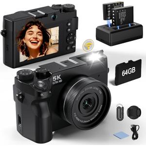 5K 75 MP Digital Camera for Photography with 18X Zoom, WiFi Autofocus Vlogging Camera with UHD Dual Lens, 64GB Card Point and Shoot Travel Cameras for Beginner and Teen 1 Charge for 2 Batteries, Gift (Normal)
