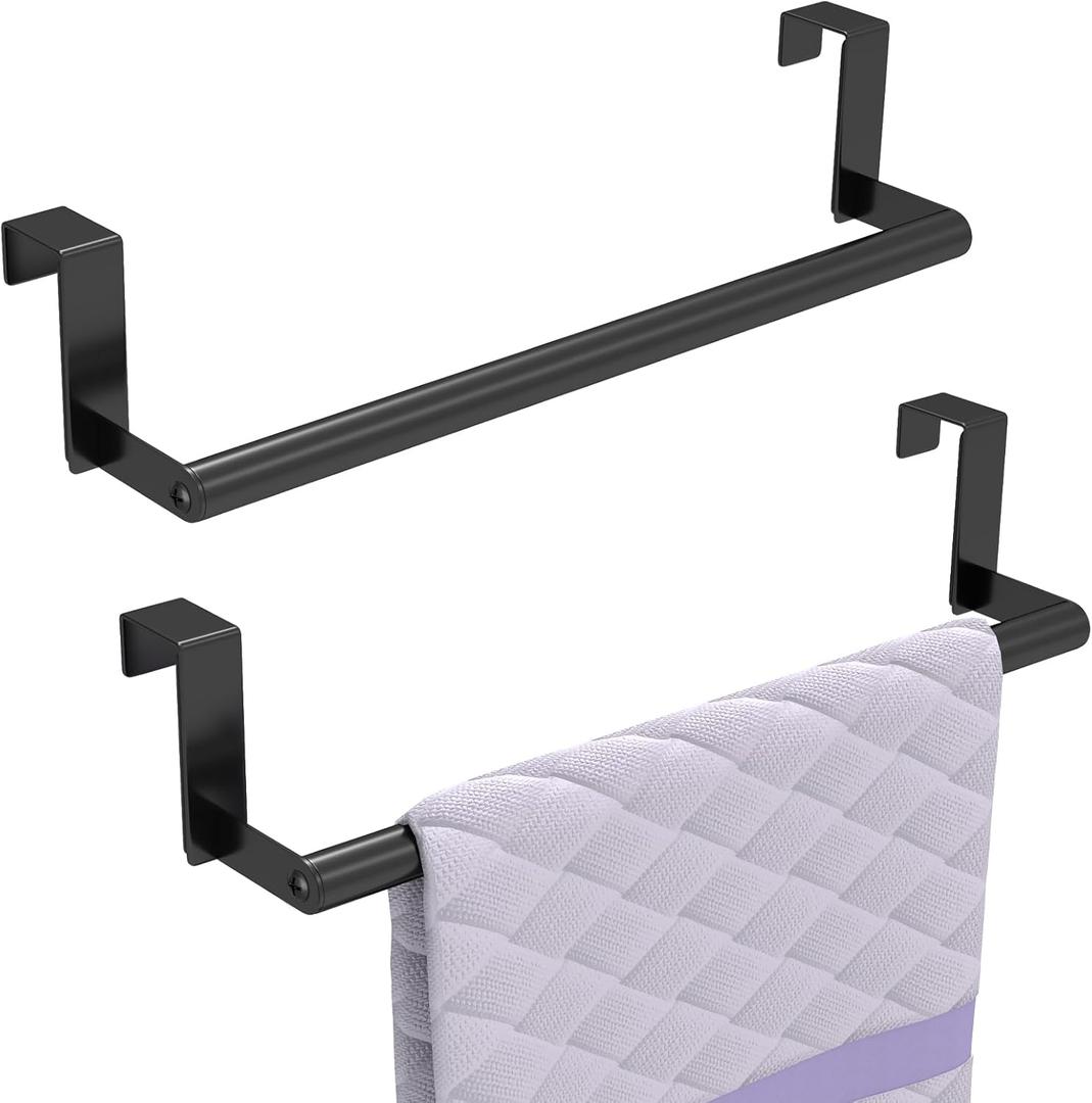 STWWO Over the Door Towel Rack, Kitchen Towel Holder Over Cabinet Door Towel Bar Stainless Steel for Cupboard for Kitchen Dish Towel Holder Hanger, 2 Pack (Black)