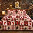 ROMROL Christmas Quilt Set Queen Size, Red Christmas Bedding Comforter Set Lightweight Patchwork Elks Quilted Coverlet Bedspread with 2 Pillow Shams（96 * 90”）