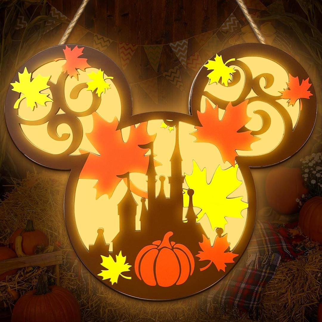 Fall Thanksgiving Wall Decor Lantern - Pumpkins Maple Leaf Door Hanging Sign Decor with Light, Autumn Farmhouse Wreath & Indoor Window Decorations