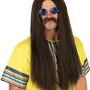 fun shack Hippie Wigs For Men, 60s Hippie Costume Accessories, Wig And Mustache Set, Halloween Costume Gear, One Size (Brown)