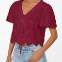 Trendy Queen Womens Summer Tops Cute Boho Blouses Beach Vacation Spring Outfits 2026 Tie Front Eyelet Embroidered Clothes (Red, L)