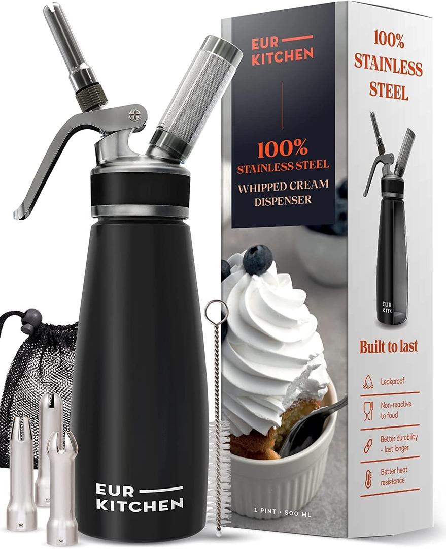 EurKitchen Stainless Steel Professional Whipped Cream Dispenser - Leak-Free Whip Cream Maker Canister - 3 Decorating Nozzles & Cleaning Brush - 1Pint /500 ML Cream Whipper - N2O Charger (Not Included) (Stainless Steel Black)