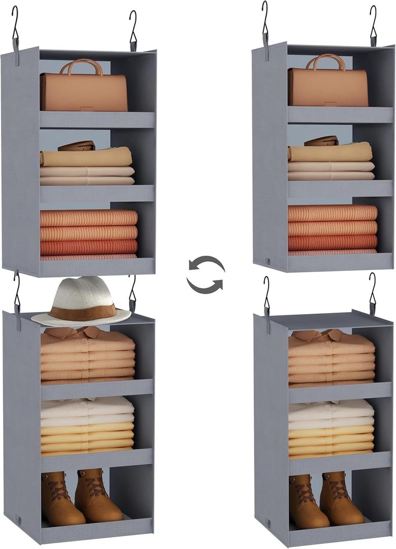 FLYBOX Closet Organizer and Storage, Collapsible Hanging Closet Organizer, 3 Shelf Sturdy Baby Closet Organizer & Ideal for RV,Camper Bed Side Closets Gray, 29 " H X 12" W X 12" D, 2 Pack (Grey)