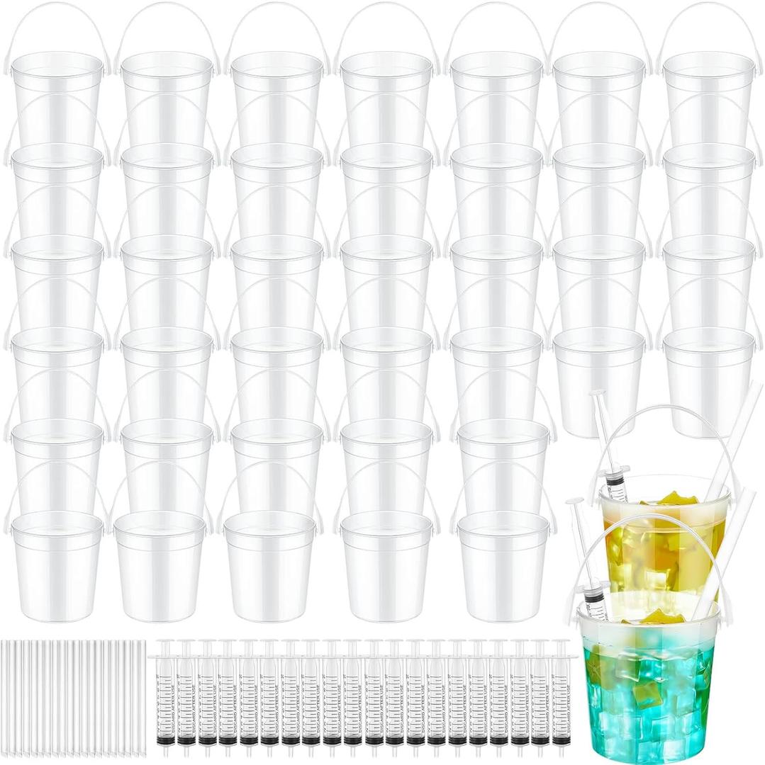 40 Set 32oz Clear Plastic Rum Buckets for Drink with Straws Beverage Syringes Drink Buckets for Parties with Handle Reusable Punch Bowls for Rum Wine Beer Cocktail Beverage Party(Frosted)
