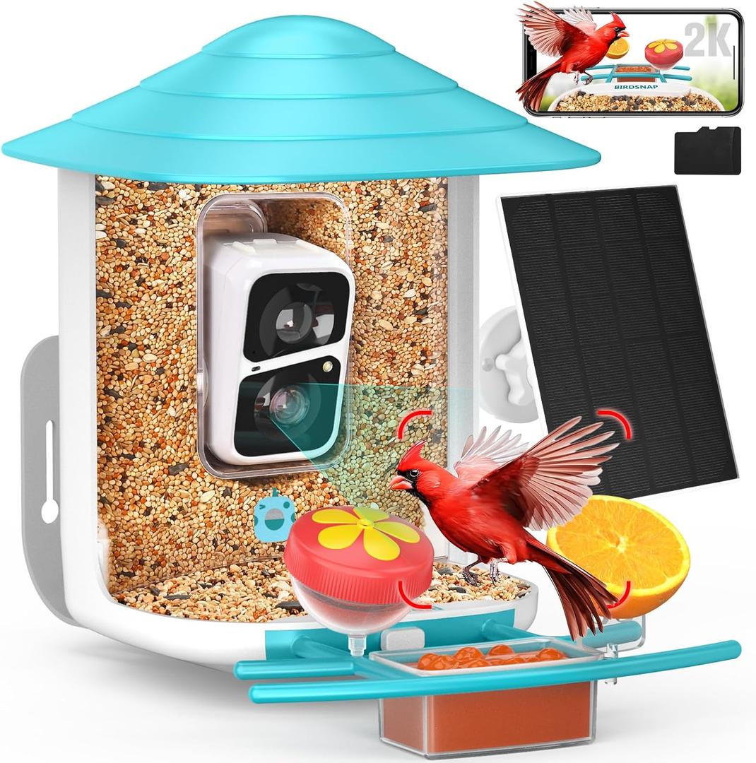 birdsnap® TUC Bird Feeder with Camera 2K HD, Solar Panel 32GB Card 4-in-1 Perch, 160°View Auto Detect & Notify AI Identify Video Bird Camera Wireless Outdoors Ideal Gift for Birds Lover