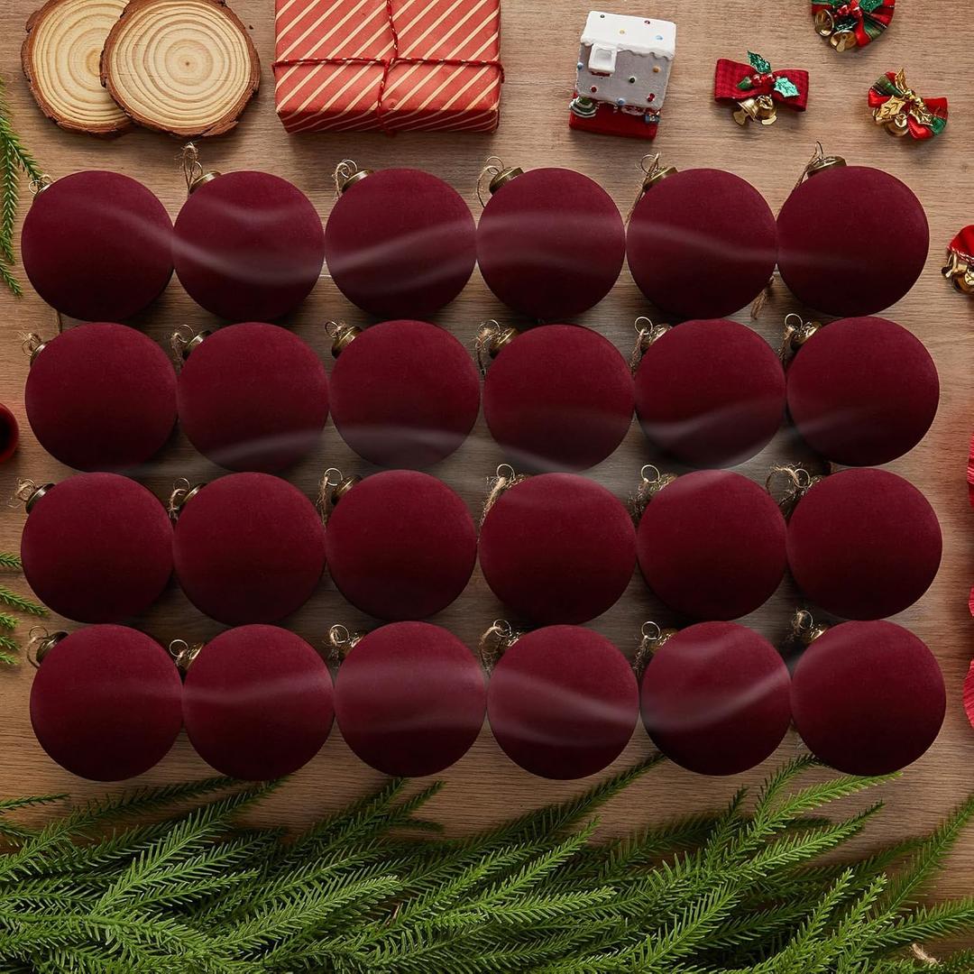 24PCS Light Scented Velvet Christmas Balls Ornament Shatterproof Velvet Xmas Tree Baubles Hanging Pendant for Winter Party Holiday Home Gift Office Yard Decor (Wine Red,3.15'') 