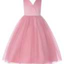 JerrisApparel Girls' Tulle Flower Girl Dress Sleeveless Princess Party Gown for Kids with Pearl Waist Large Bow (5-6 Years, Pink) (Pink)