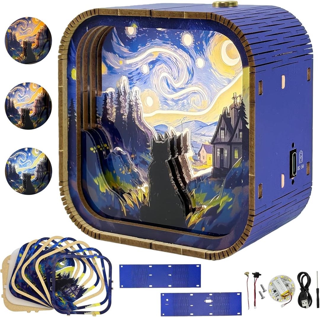 3D Wooden Puzzle Night Light DIY LED Art Lamp Kit for Adults Desk Decor Relaxing Craft Project Table Ornament and Unique Gift (Starry Cat)