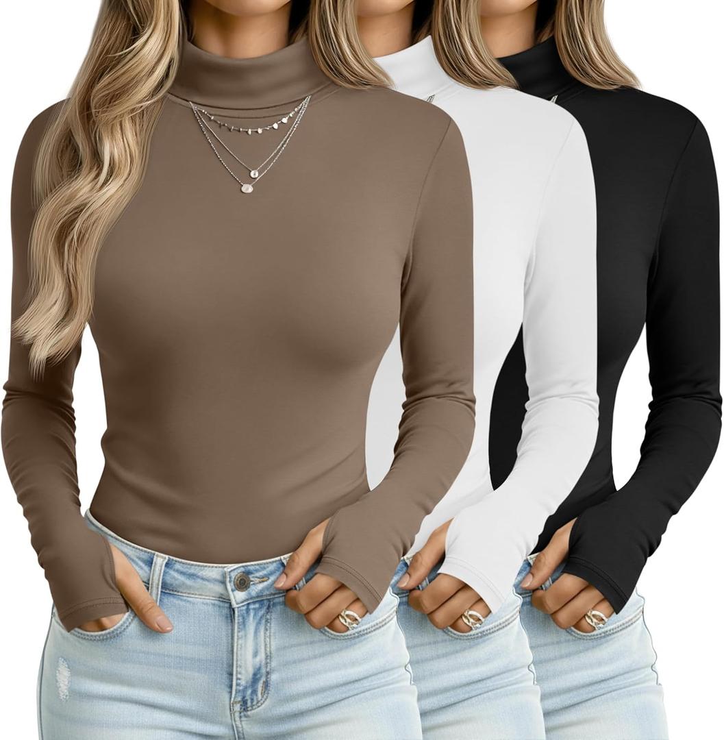 3 Pack Women's Long Sleeve Turtleneck T-Shirts, Thumbhole Slim Fit Base Layer Tops Mock Neck Thermal Underwears (X-Large, Khaki, White, Black)