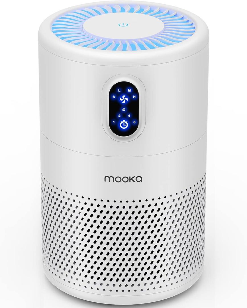 MOOKA Air Purifiers for Home Large Room up to 1076 ft, H13 True HEPA Air Filter Cleaner, Odor Eliminator, Remove Smoke Dust Pollen Pet Dander, Night Light (White)